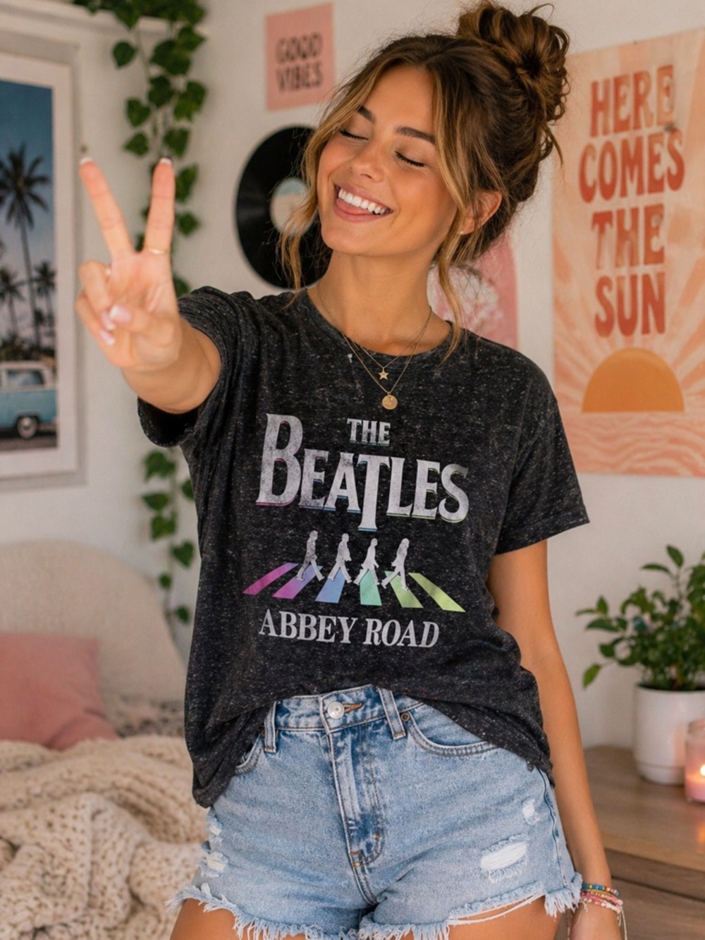 The Beatles Abbey Road Graphic Tee - Black with Pastel Rainbow
